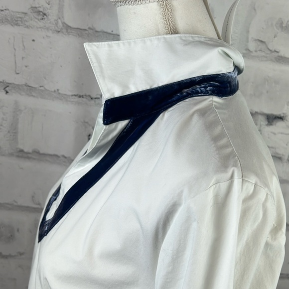 Vineyard Vines Velvet Trim Popover Long Sleeve V-Neck Top Blouse White Blue - Picture 7 of 12